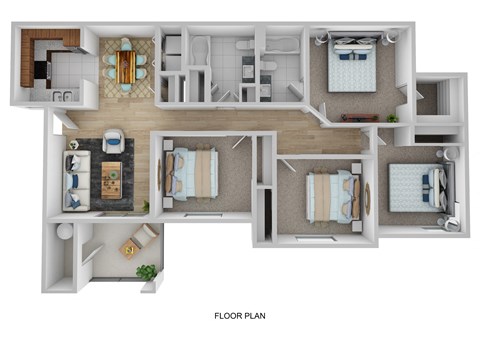 A floor plan of a house with a kitchen, living room, bedrooms and bathrooms.
